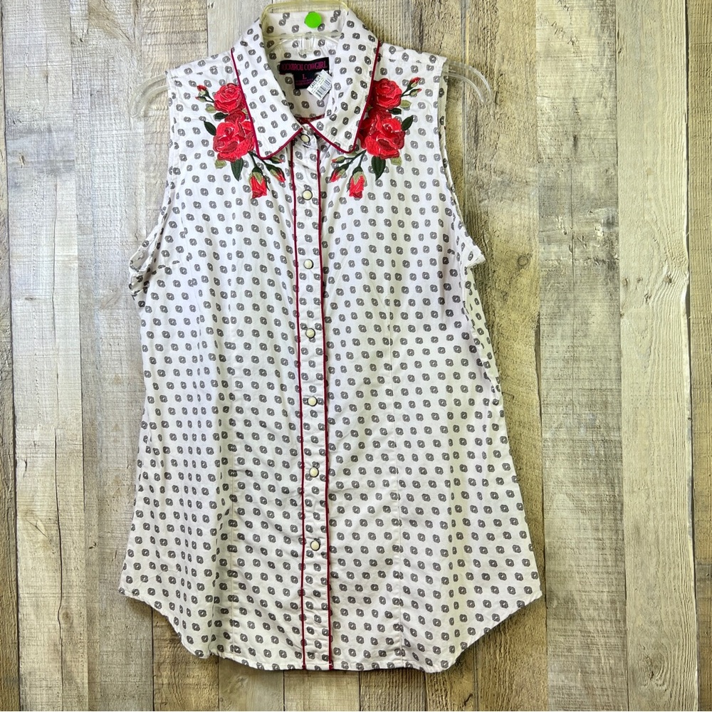 Rock & Roll Cowgirl size Large Collared Sleeveless Snap Front Embroidered Top